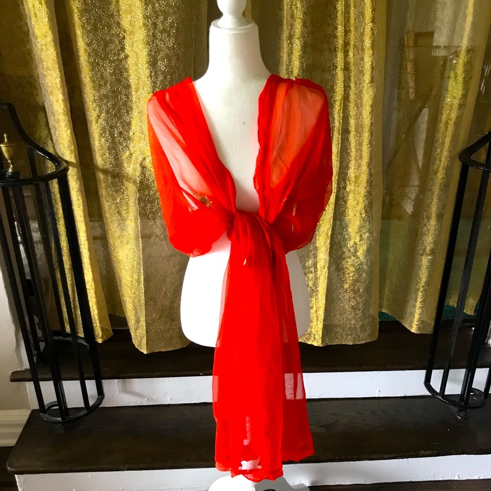 Beautiful sheer red orange gold embroidered shawl